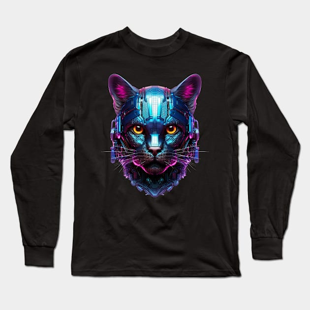 Midnight Mech - The Black Cyborg Cat Long Sleeve T-Shirt by Lematworks